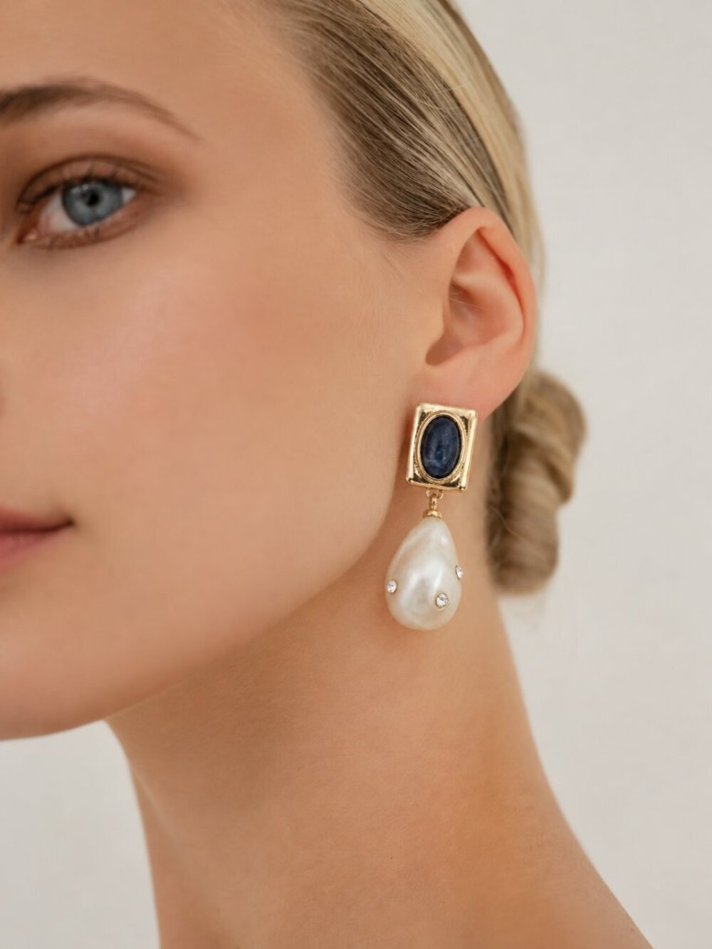 Anthropologie 18K Gold Blue Gem Pearl Crystal Drop Earrings NEW - Picture 2 of 2